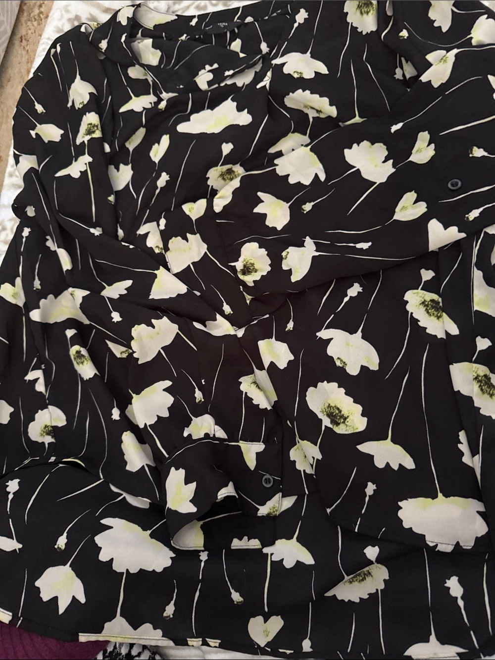 Black Floral Blouse with White & Light Green Flowers
